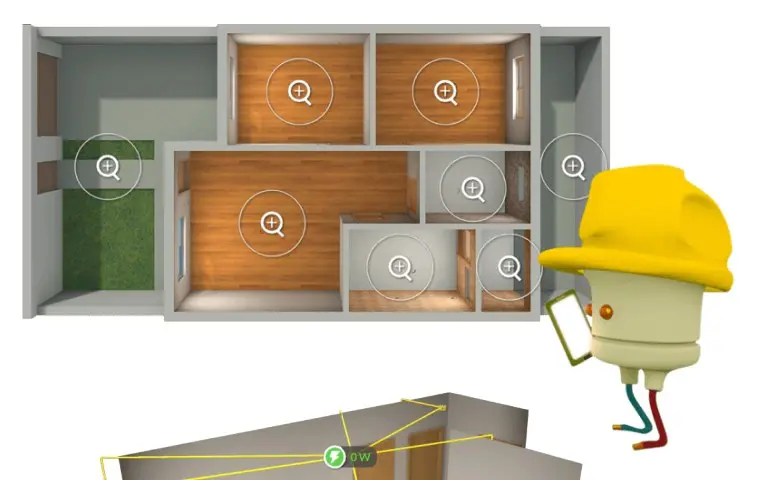 Planta 3D de uma residência com pontos elétricos destacados