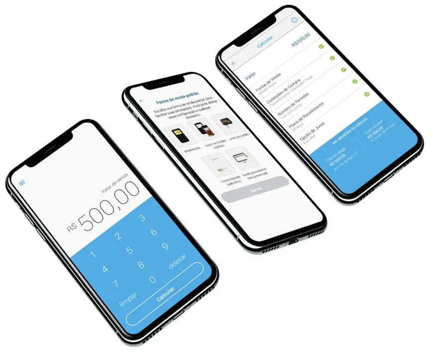 Aplicativo Parcele Seguro em três celulares, com calculadora de taxas