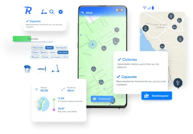 Aplicativo da Ride com mapa de scooters e painel de viagem