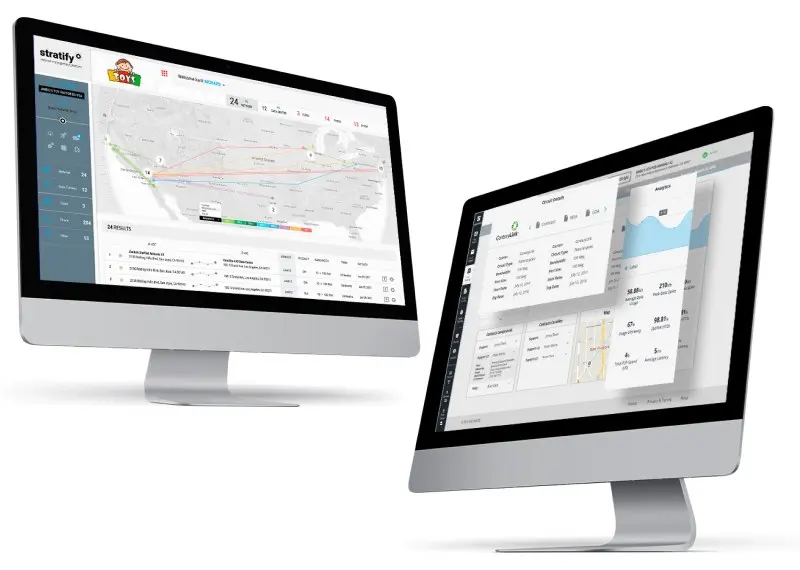 Painéis do Stratify em dois monitores, com mapa de ativos de rede