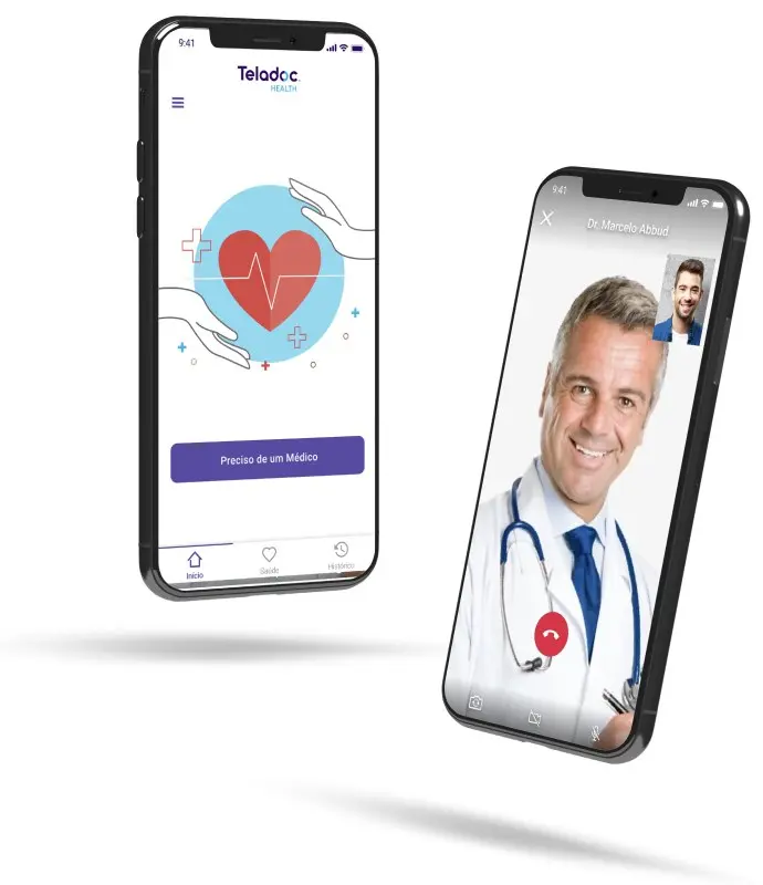 Aplicativo Teladoc em dois celulares, com teleconsulta em andamento